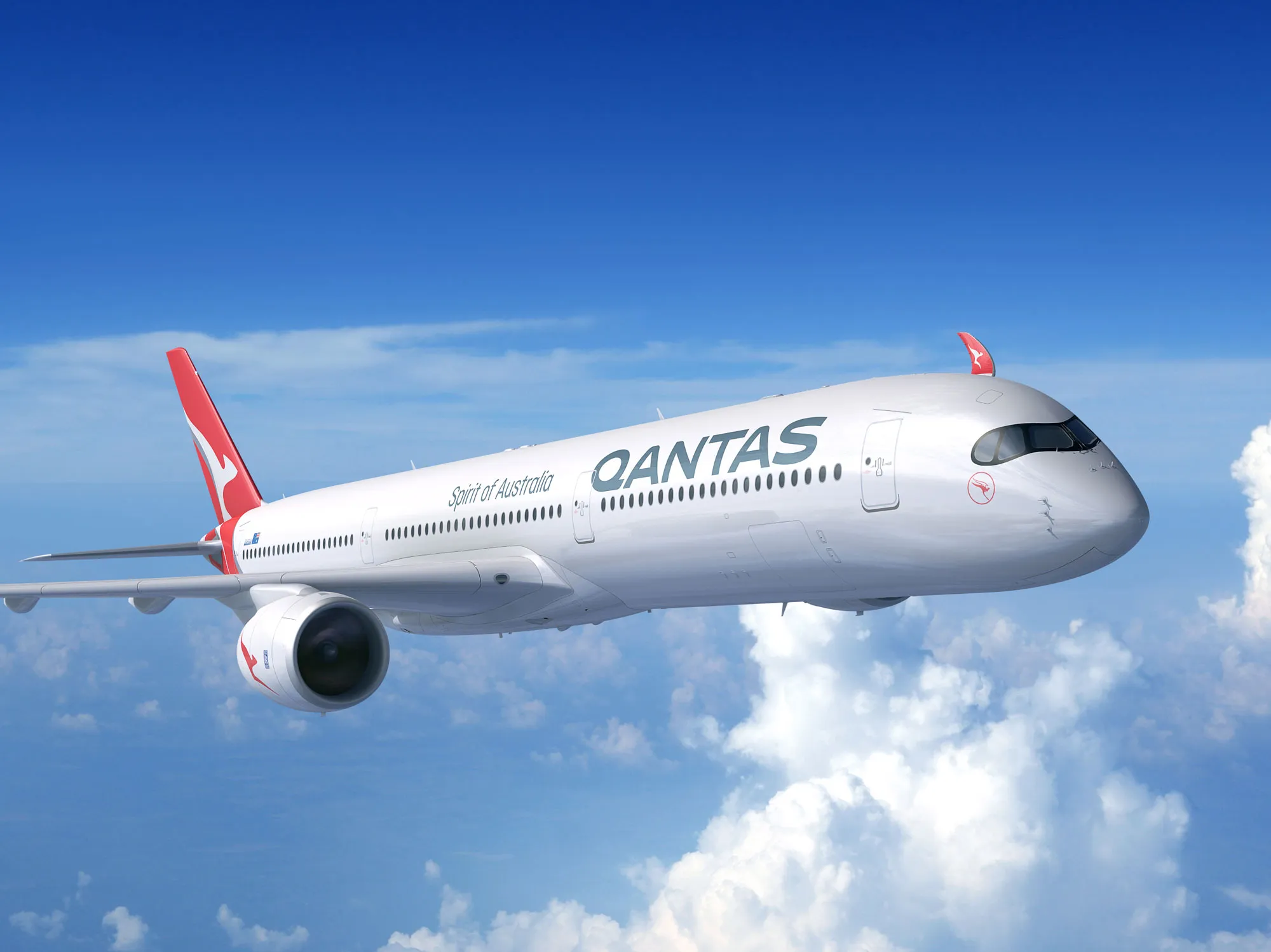 Illustration of a customized Qantas Airbus A350 twin-aisle passenger jet.