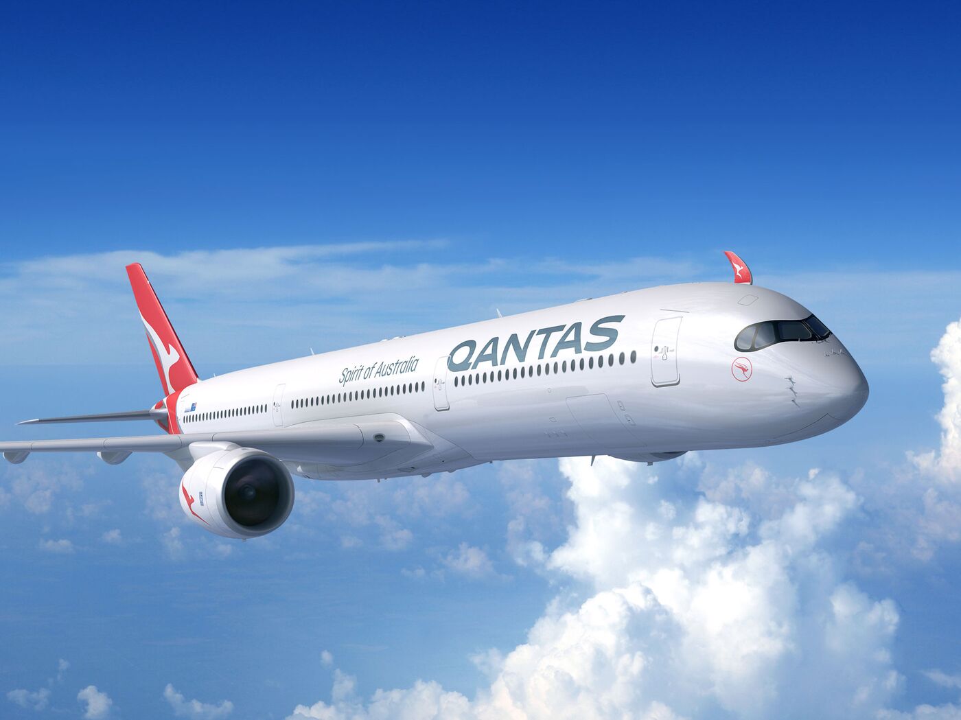 Illustration of a customized Qantas Airbus A350 twin-aisle passenger jet.