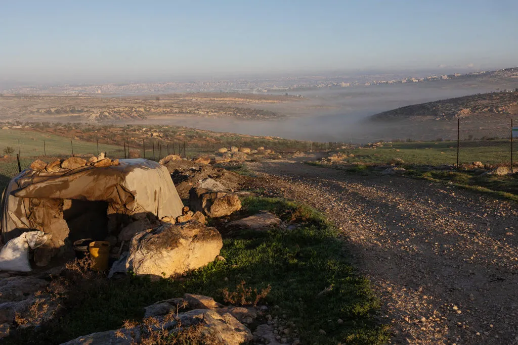 Palestinian land and&nbsp;nearby Israeli settlements in the South Hebron Hills of the West Bank.