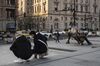 Two men kneel near the Bund Bull statue in Shanghai on Dec. 21.