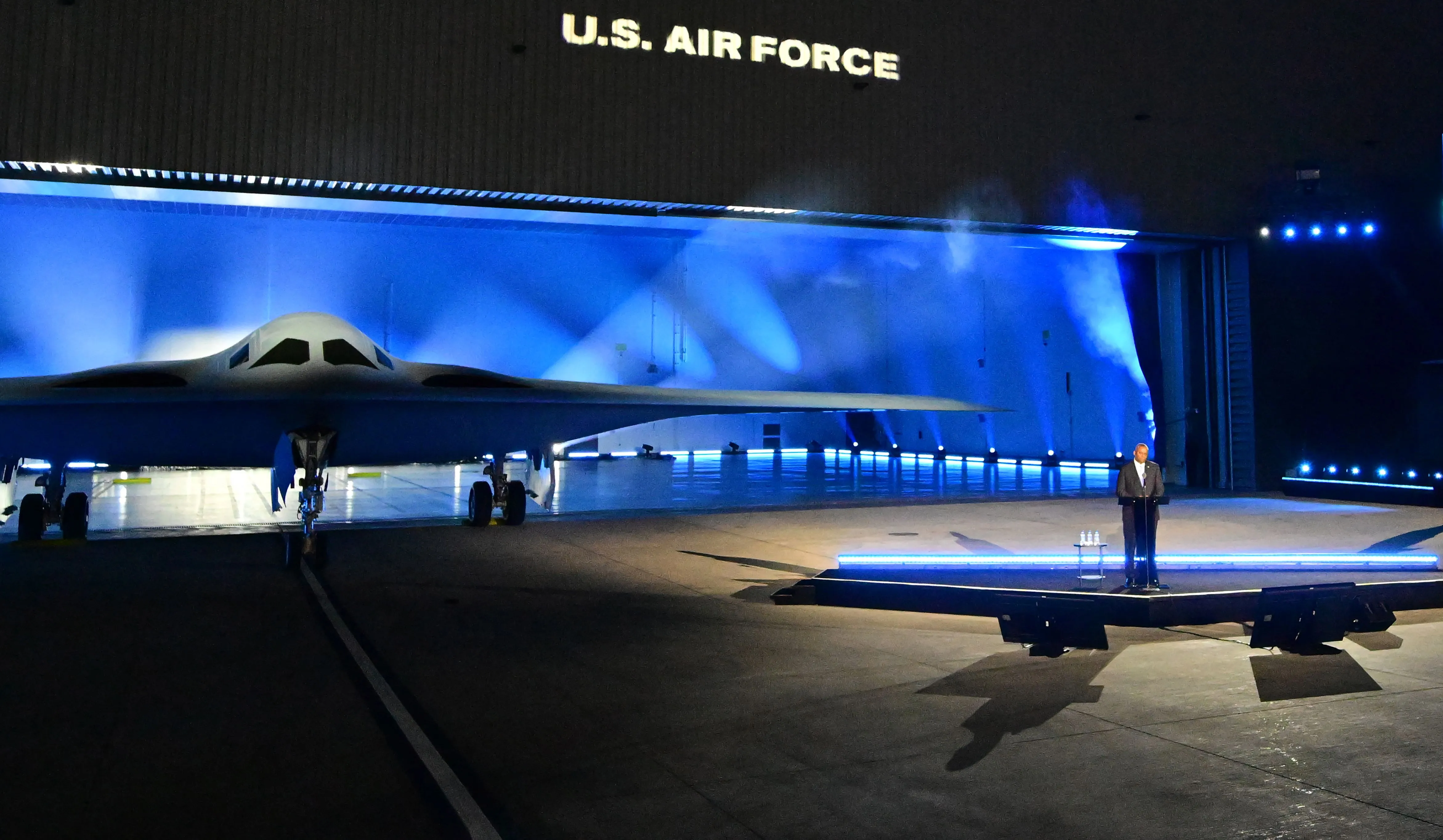 Lloyd Austin speaks at the B-21 Raider unveiling ceremony.
