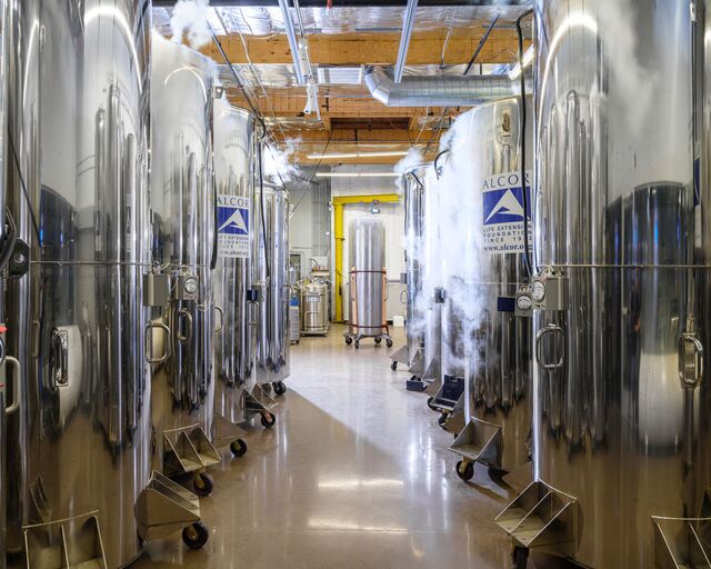 Alcor’s patient-care bay, where bodies are cryopreserved at -196C (-321F) in specialized containers called dewars.