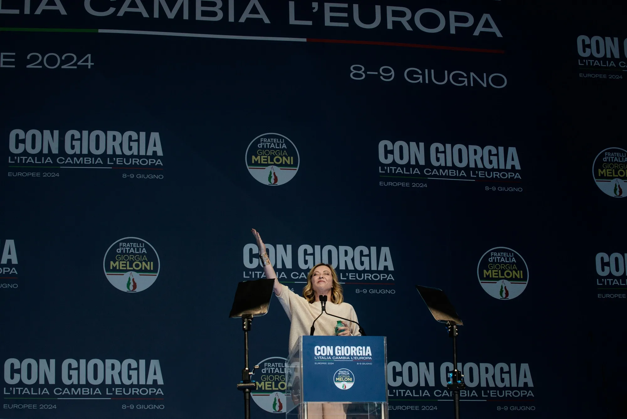 Prime Minister&nbsp;Meloni at the final Brothers of Italy&nbsp;campaign rally ahead of the European elections&nbsp;in Rome,&nbsp;on June&nbsp;1.