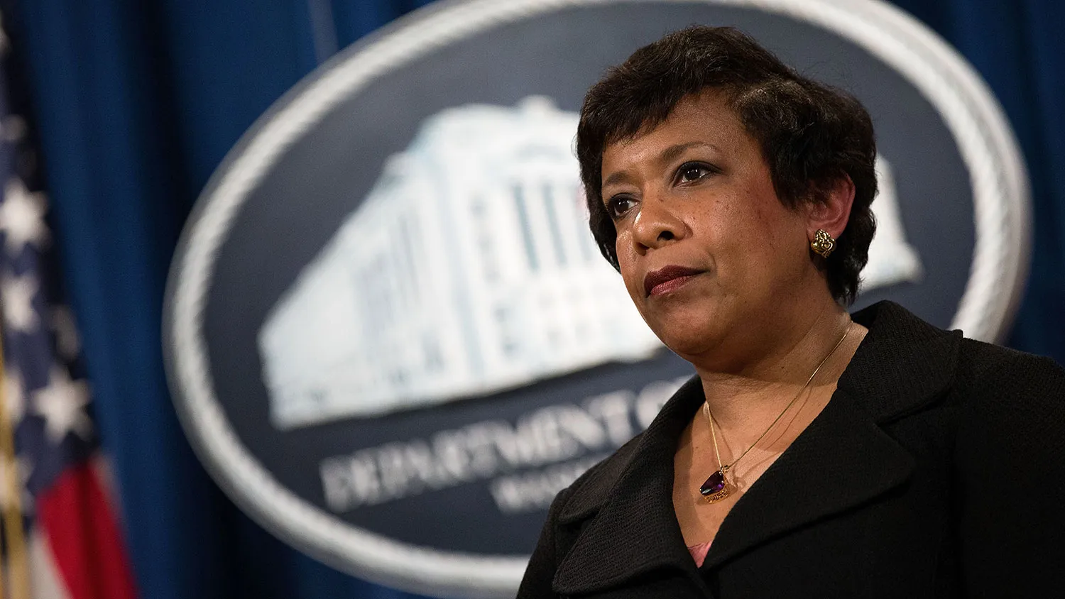 U.S. Attorney General Loretta Lynch looks on after announcing federal action related to North Carolina at the U.S. Department of Justice on May 9, 2016, in Washington.
