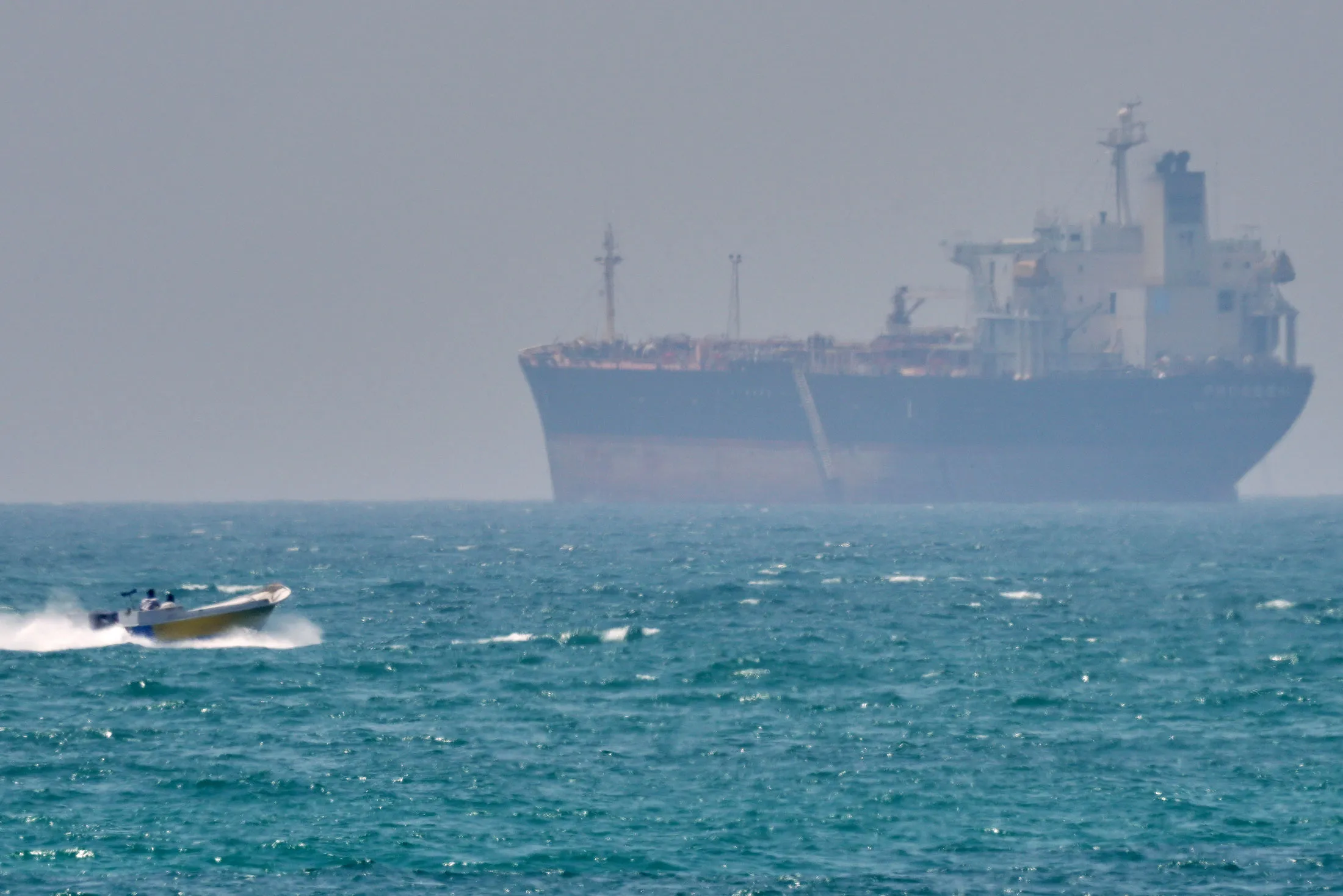 A tanker anchored in the Strait of Hormuz off the coast Qeshm island, Iran, on April 18.