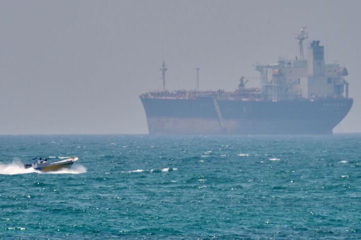 A tanker anchored in the Strait of Hormuz off the coast Qeshm island, Iran, on April 18.