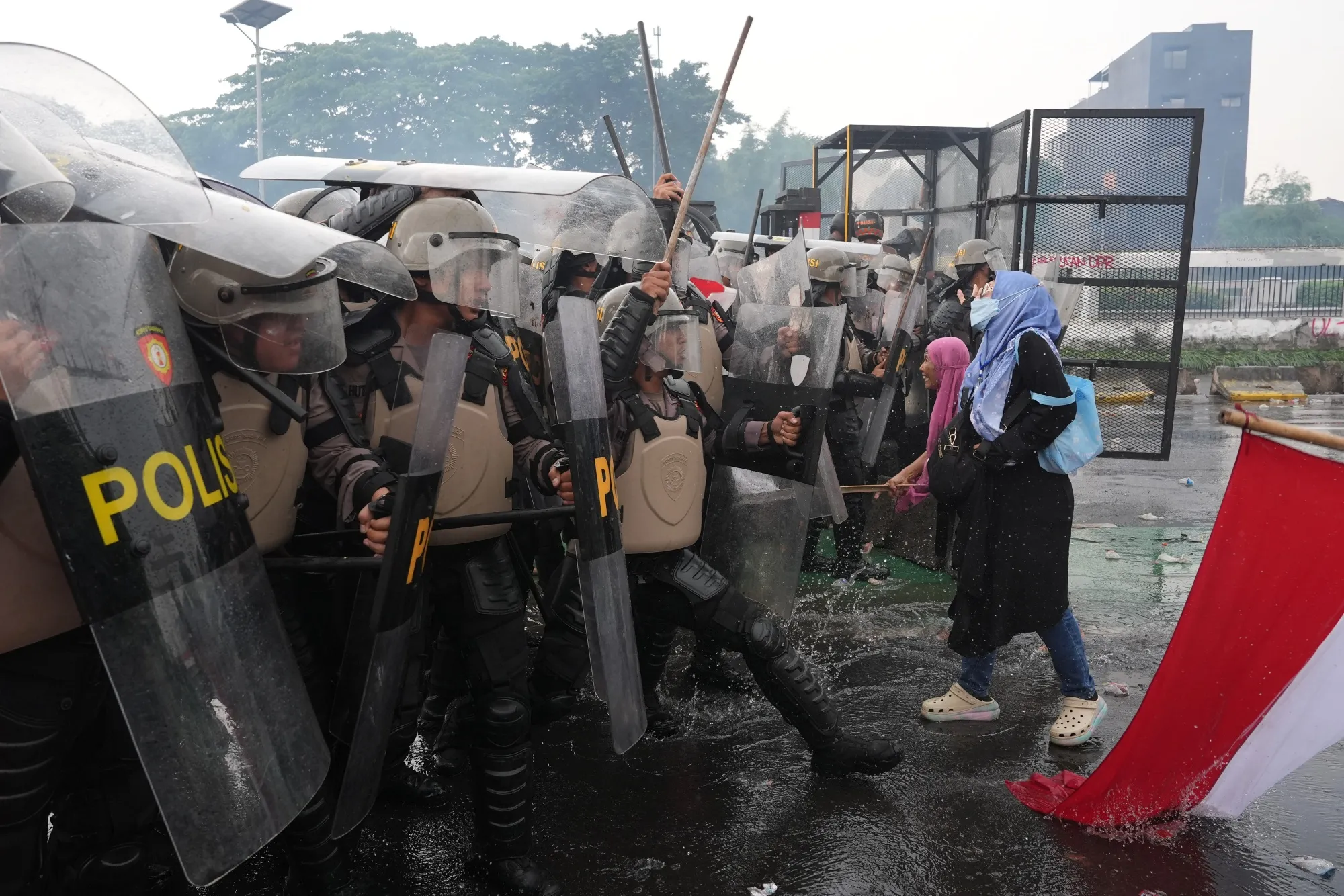 Demonstrators clash with riot police during a protest outside the parliament building in Jakarta on Aug. 28.