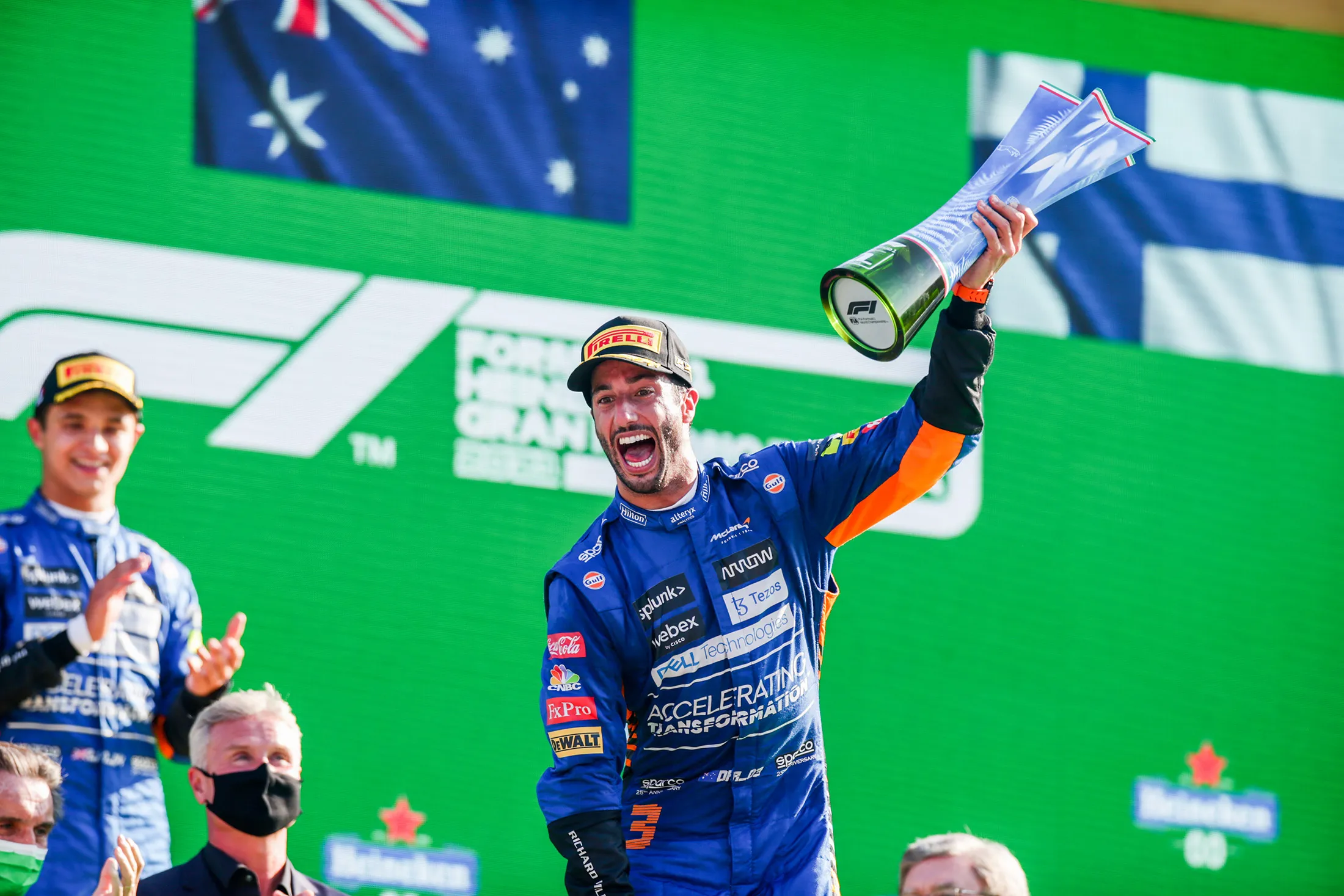 Daniel Ricciardo celebrates after winning the F1 Grand Prix of Italy on Sept.&nbsp;12.