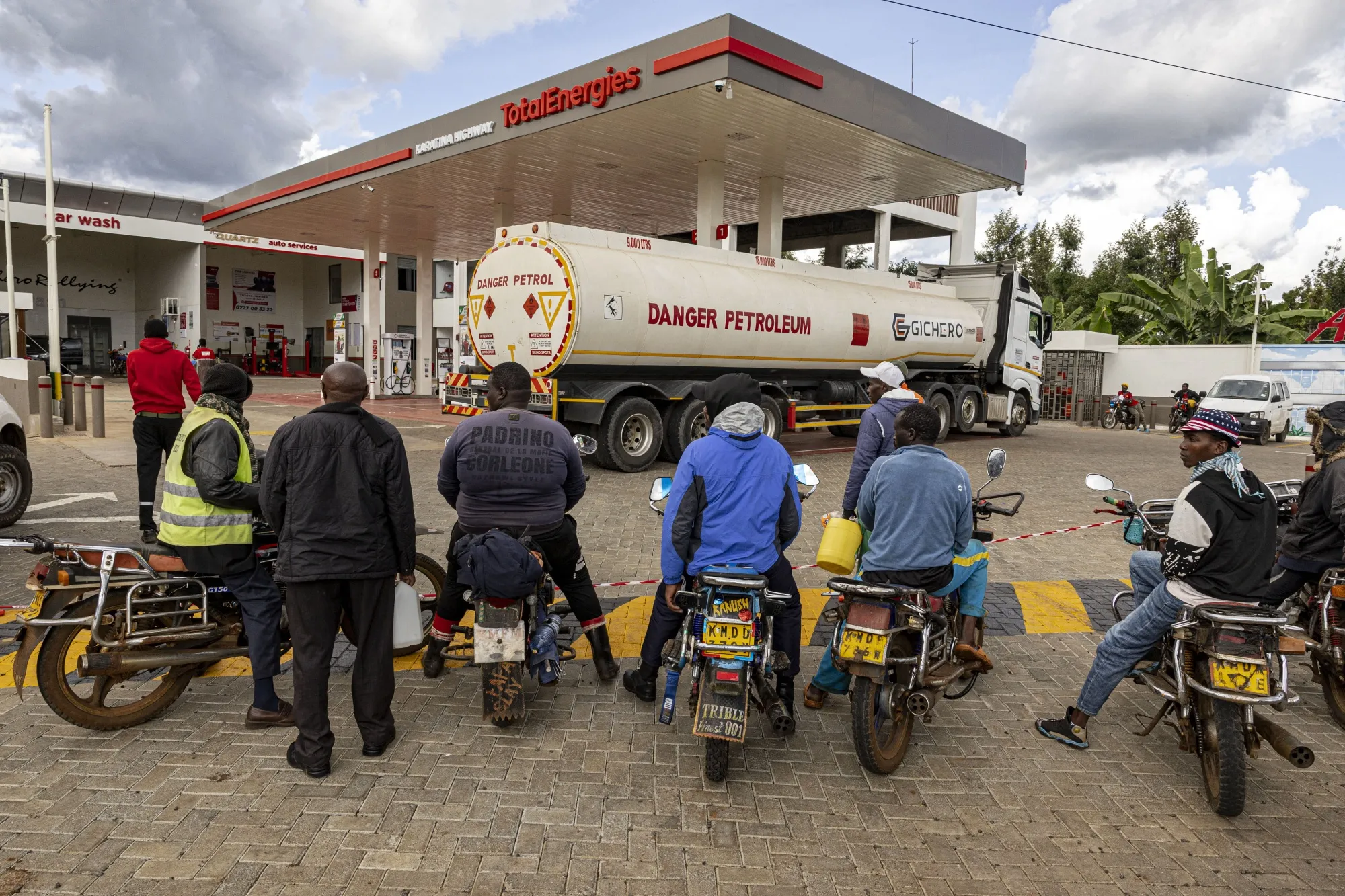 Drivers wait to refuel at a gas station in Karatina, Kenya on April 9.