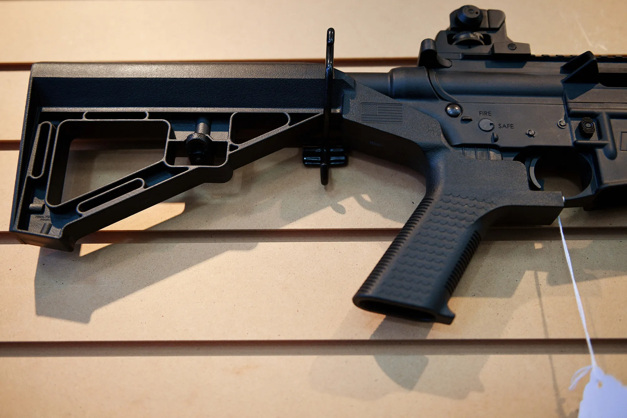 A bump stock installed on an AR-15 rifle in Chantilly, Virginia, on Oct. 6, 2017.
