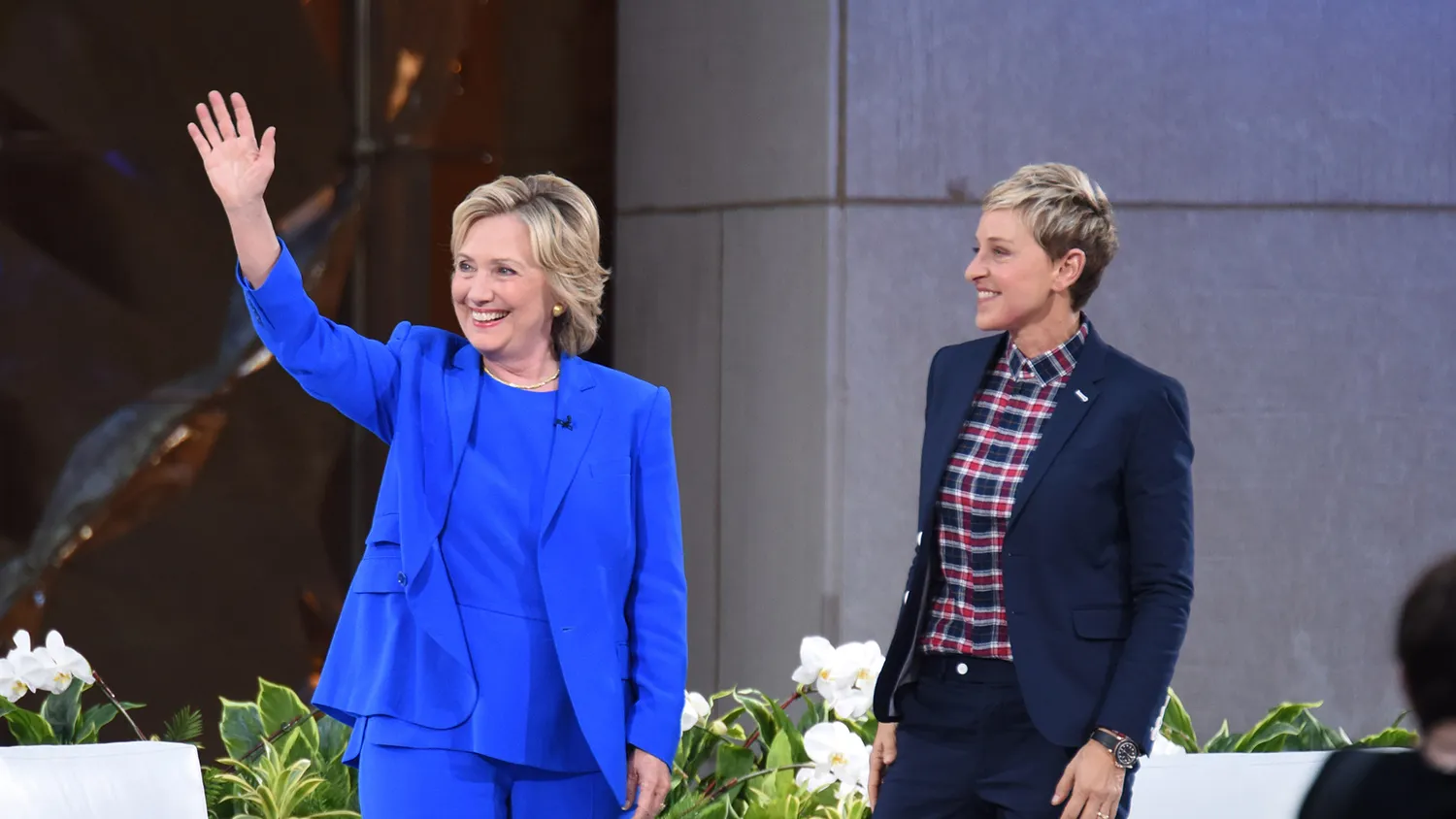 Hillary Clinton and TV show host Ellen Degeneres appear at 'The Ellen Degeneres Show' Season 13 Bi-Coastal Premiere at Rockefeller Center on September 8, 2015 in New York City.
