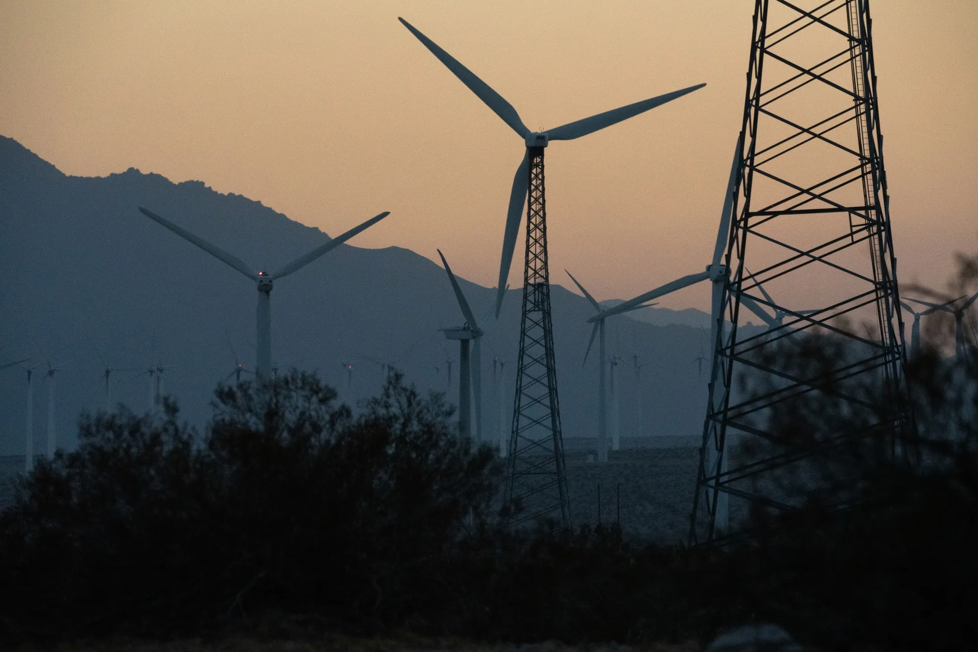 Wind turbines at the San Gorgonio Pass wind farm Palm Springs, California, U.S., on Thursday, June 3, 2021.&nbsp;