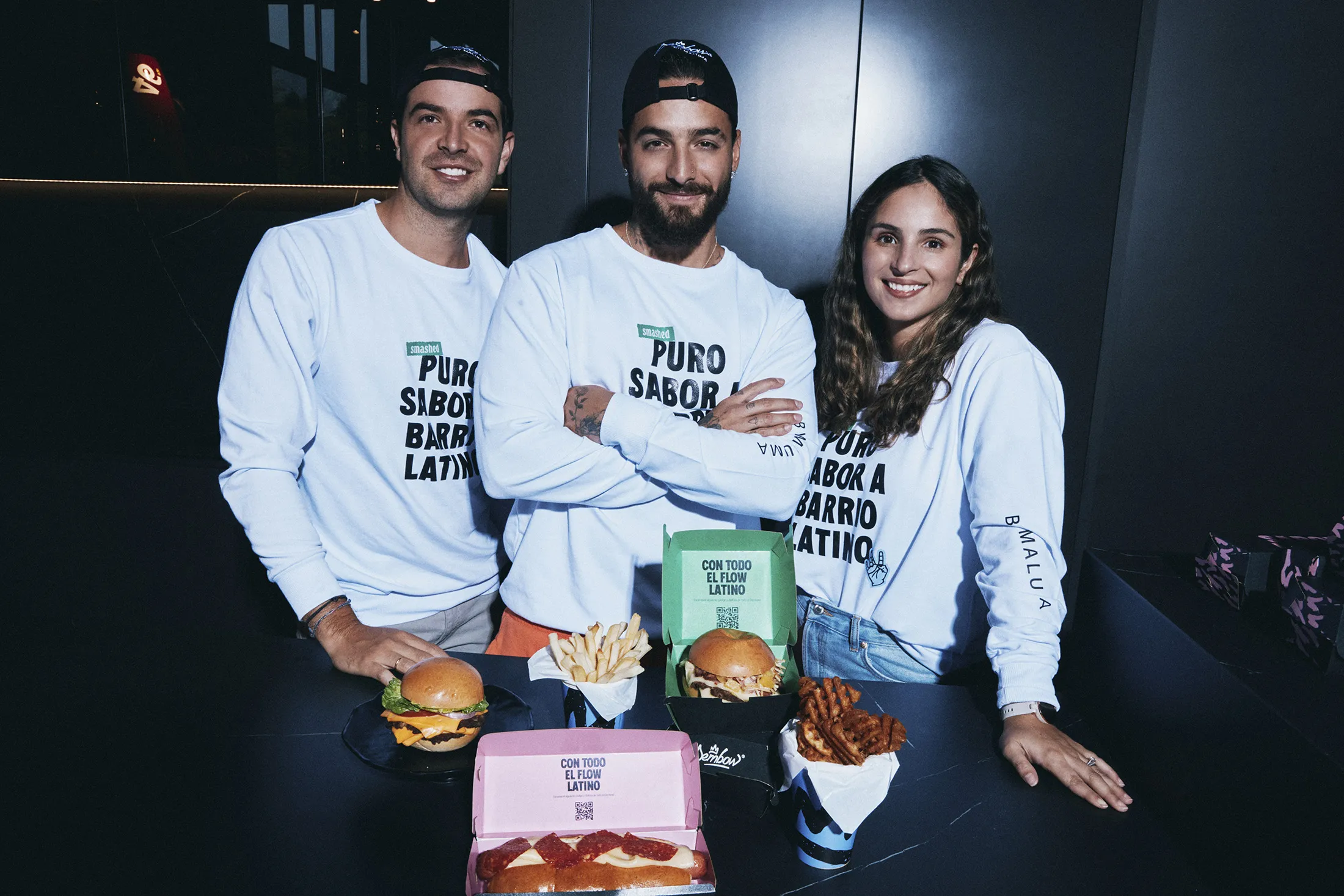 Foodology Cofounder Juan Azuero, Reggaeton Icon Juan Luis Londoño “Maluma”, Foodology Cofounder Daniela Izquierdo.