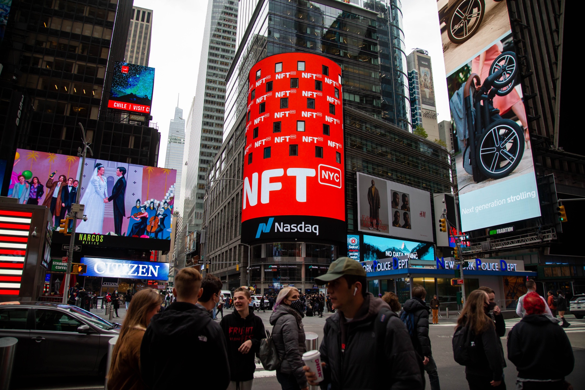 NFT.NYC signage outside the Nasdaq MarketSite during the Annual Non-Fungible Token (NFT) Event in New York, U.S., on Tuesday, Nov. 2, 2021.