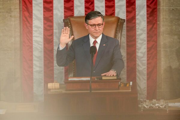 Representative Mike Johnson, a Republican from Louisiana in the House Chamber of the US Capitol in Washington, DC, US.