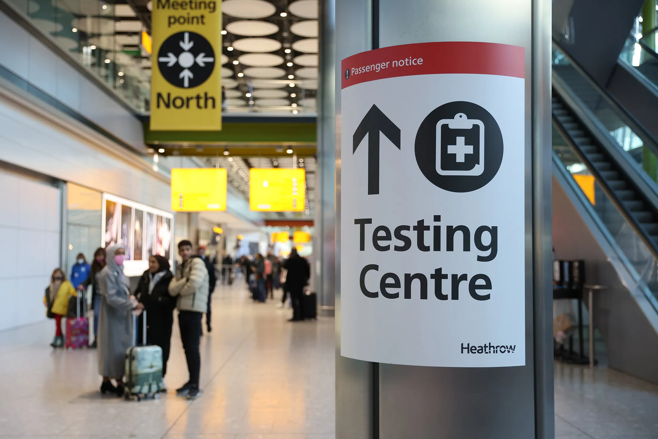 A covid testing centre sign at London’s Heathrow Terminal 5 on Nov. 28.