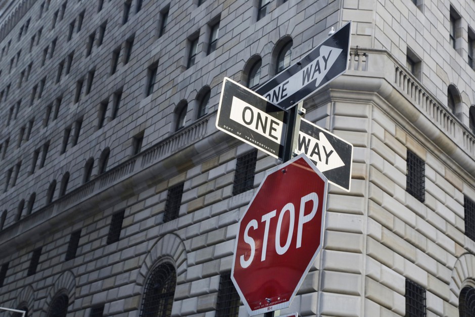 One-way signs in the financial district in New York City