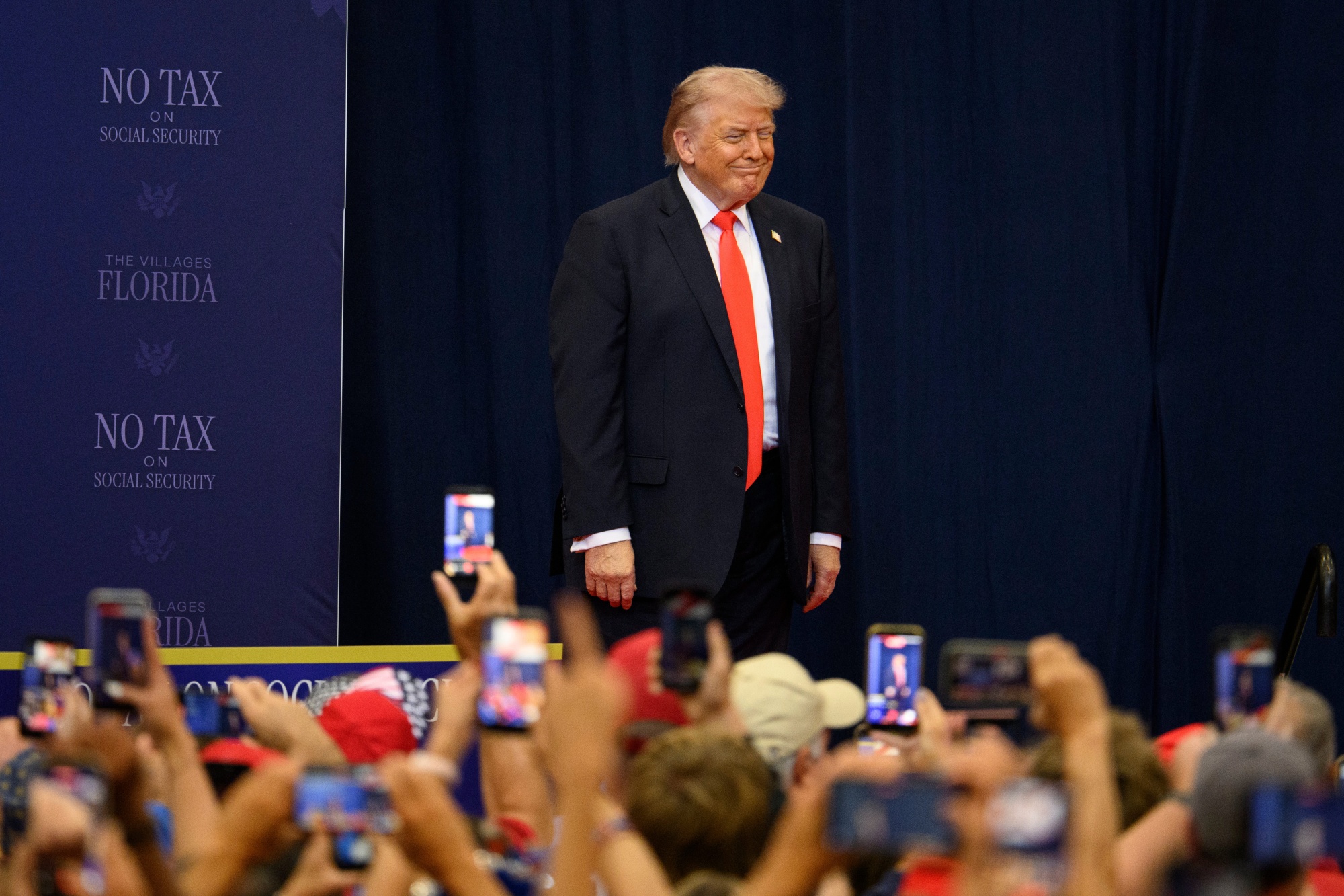 US President Donald Trump arrives during an event at The Villages Charter School in Sumterville, Florida, US, on Friday, May 1, 2026. Trump is taking his economic pitch on the road, as the White House grapples with an increasingly unpopular war with Iran ahead of the November midterm elections. Photographer: Thomas Simonetti/Bloomberg