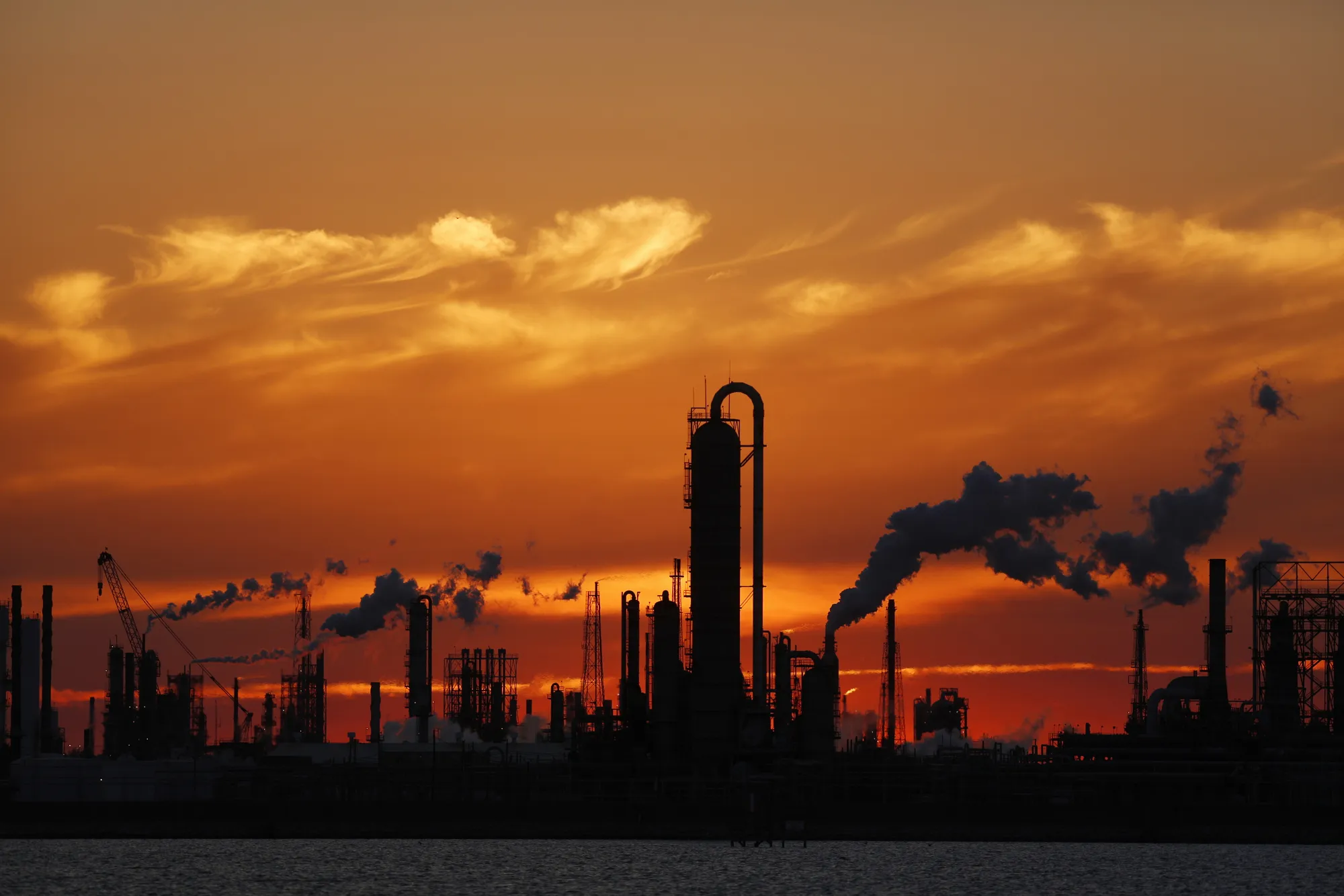 An oil refinery at sunset in Texas.