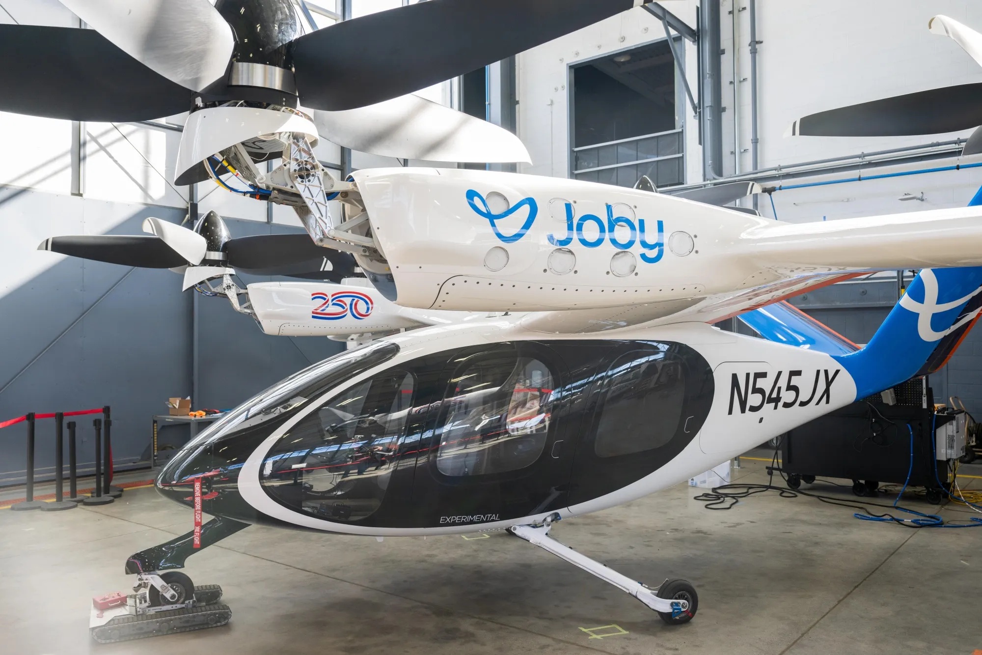 A Joby Aviation pre-production prototype electric vertical take-off and landing&nbsp;aircraft at the company's production facility in Marina, California.