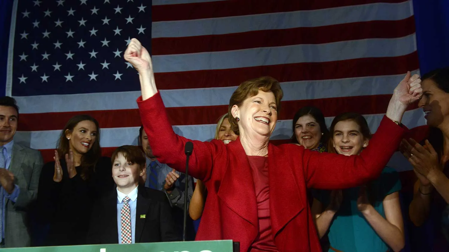 U.S. Senator Jeanne Shaheen (D-NH) celebrates with supporters at the Puritan Conference Center November 4, 2014 in Manchester, New Hampshire.
