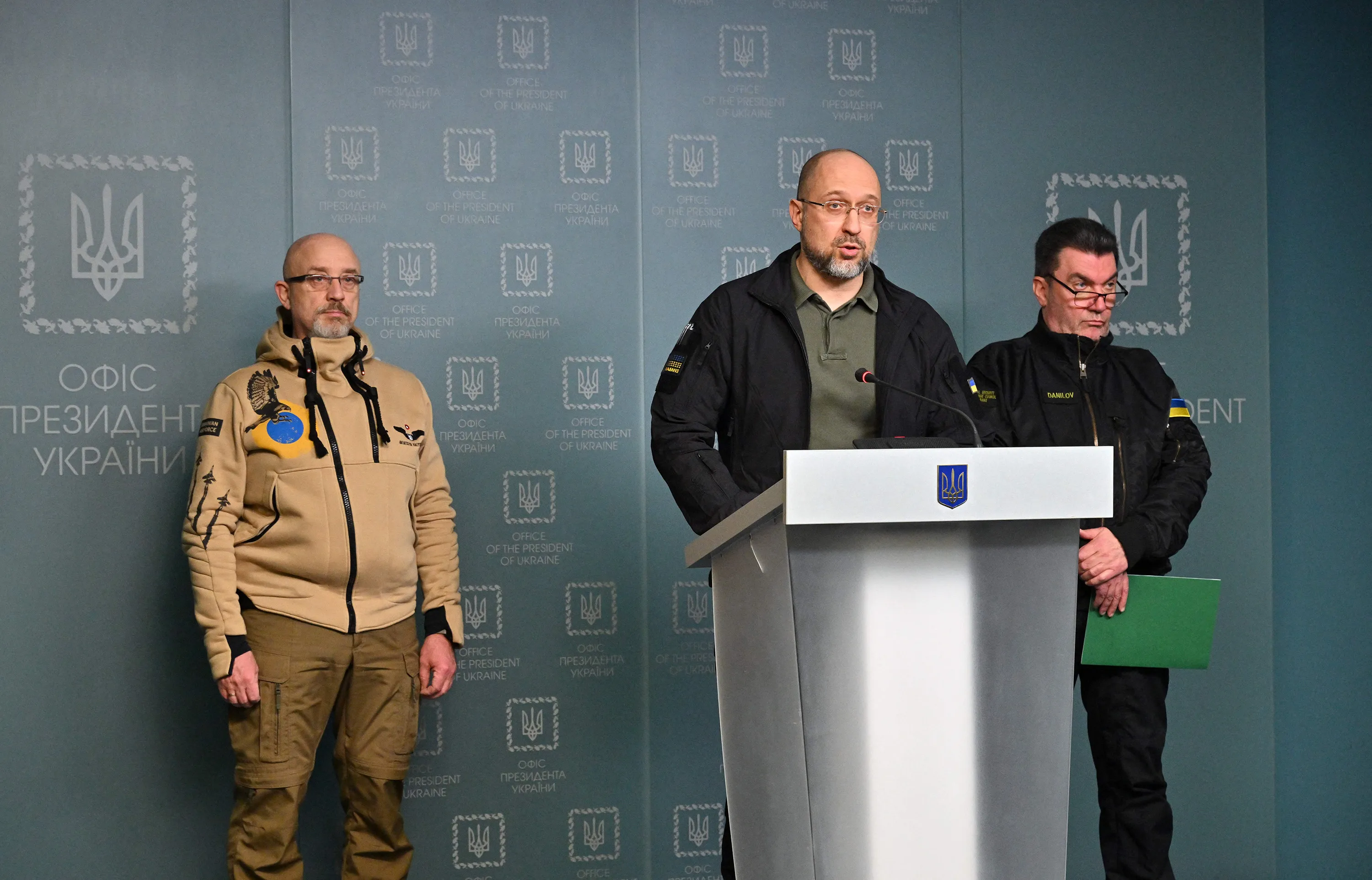 Oleksii Reznikov, left, Denys Shmyhal, center,&nbsp;and Oleksiy Danilov during a news conference in Kyiv on Nov. 7.