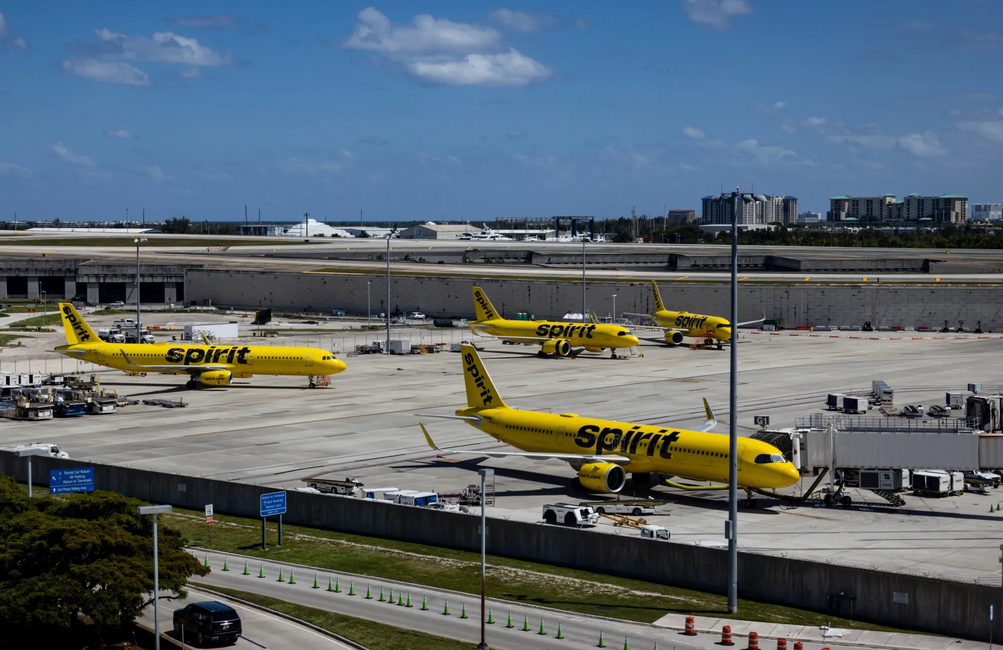 Spirit Airlines airplanes at Fort Lauderdale-Hollywood International Airport in Fort Lauderdale, Florida.
