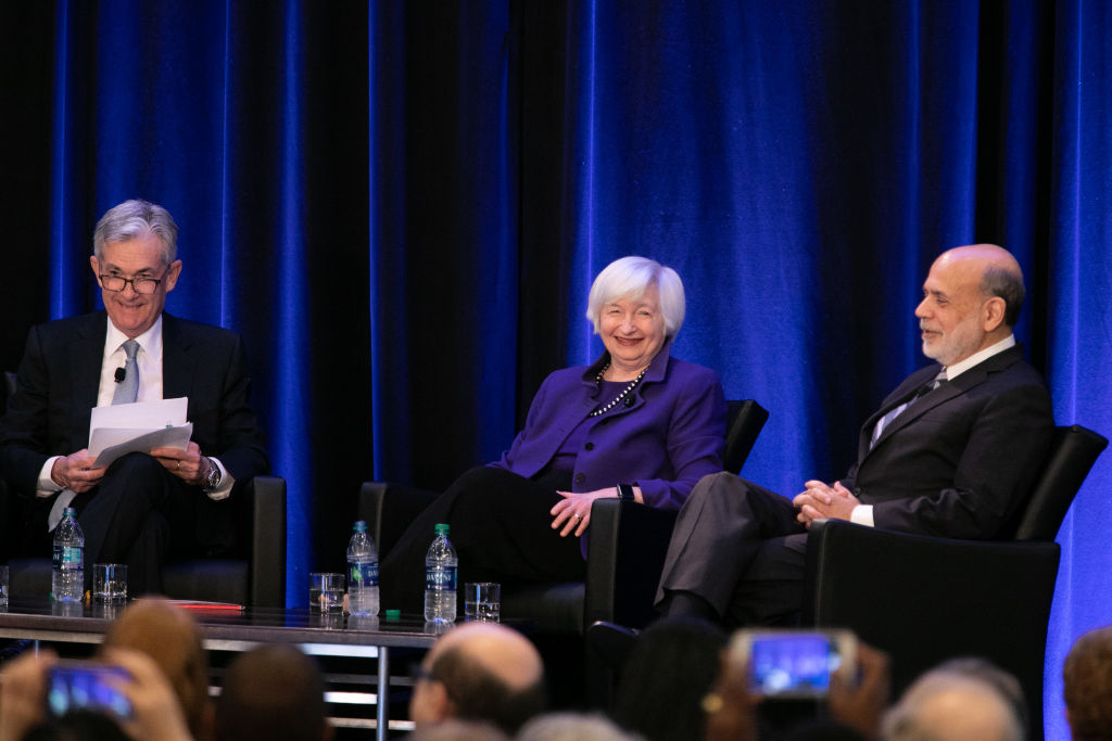 Federal Reserve Chair Jay Powell and former Chairs Janet Yellen and Ben Bernanke, all known purveyors of QE.