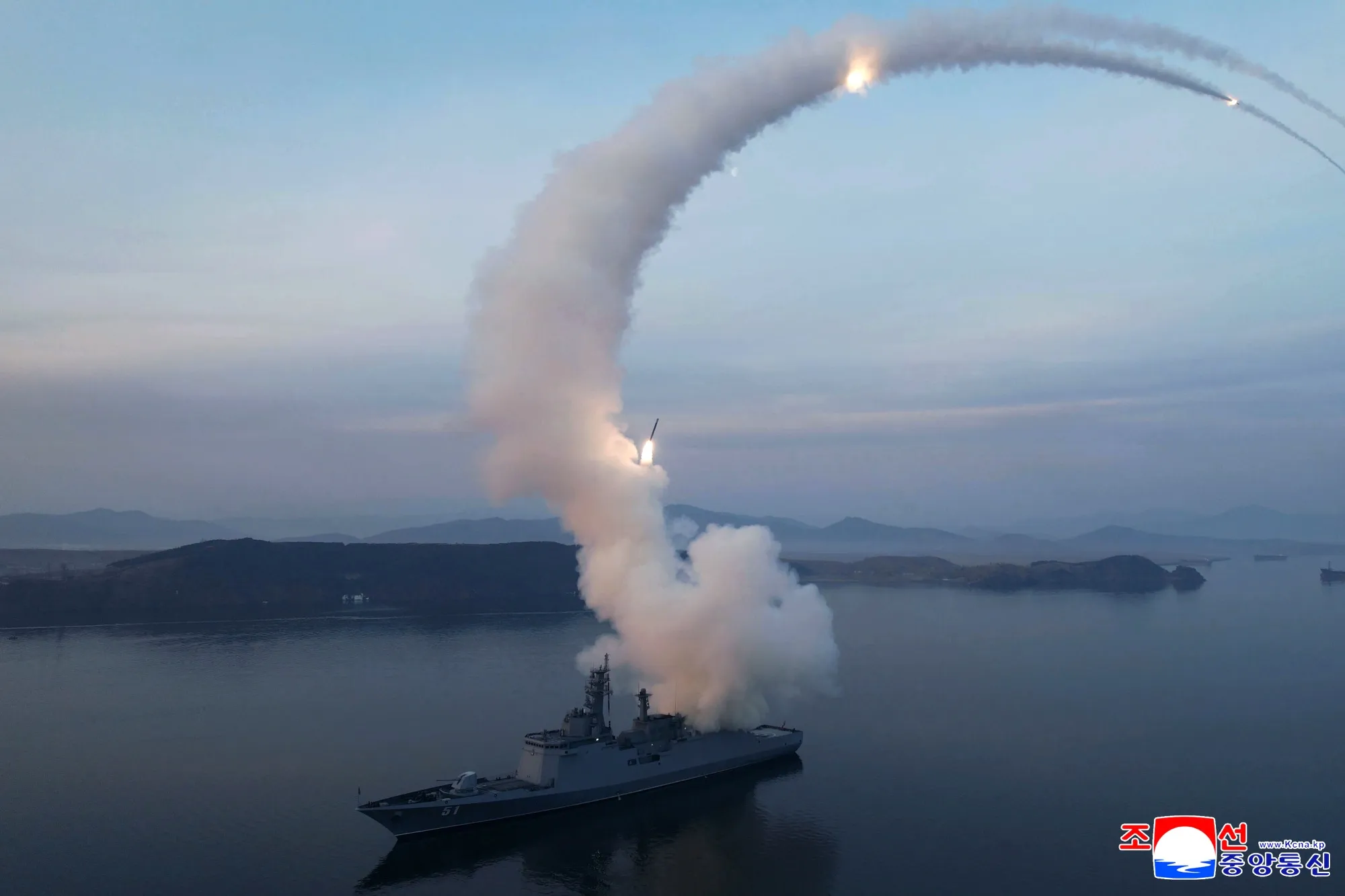 A test-firing of the cruise missiles from a naval ship in North Korea on March 10 in a photo provided by the North Korean government.