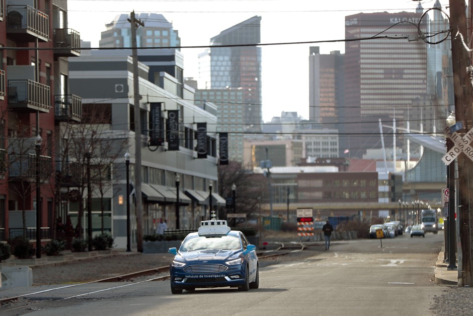 A test vehicle from Argo AI, Ford's autonomous vehicle unit, navigates through Pittsburgh.