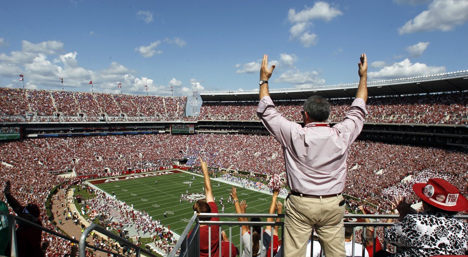 Roll, Tide: An Alabama fan celebrates during the first half of an NCAA college football game against Florida in Tuscaloosa, Alabama.