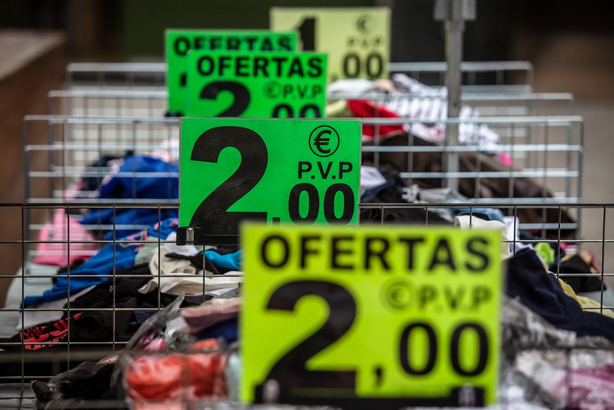 Euro price signs on a clothing stall&nbsp;in the Plaza Mayor of Vic, Spain.