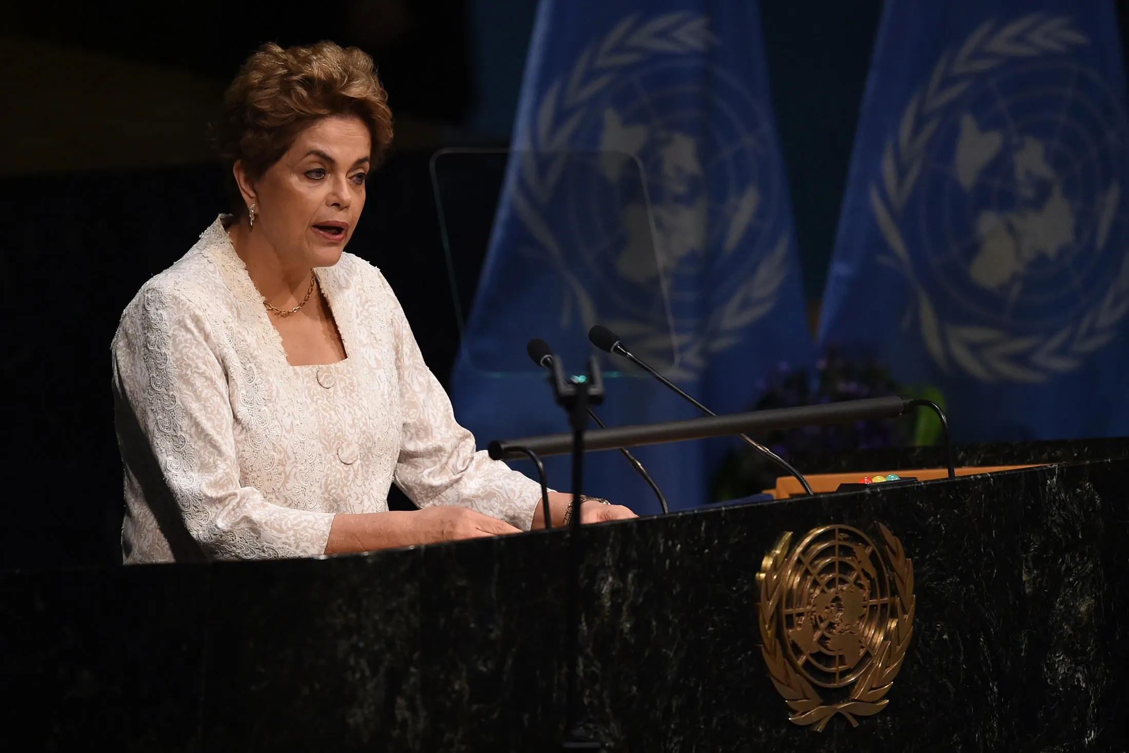 President of Brazil, Dilma Rousseff speaks during the high level signature ceremony for the Paris Agreement at the United Nations General Assembly Hall April 22, 2016 in New York.
