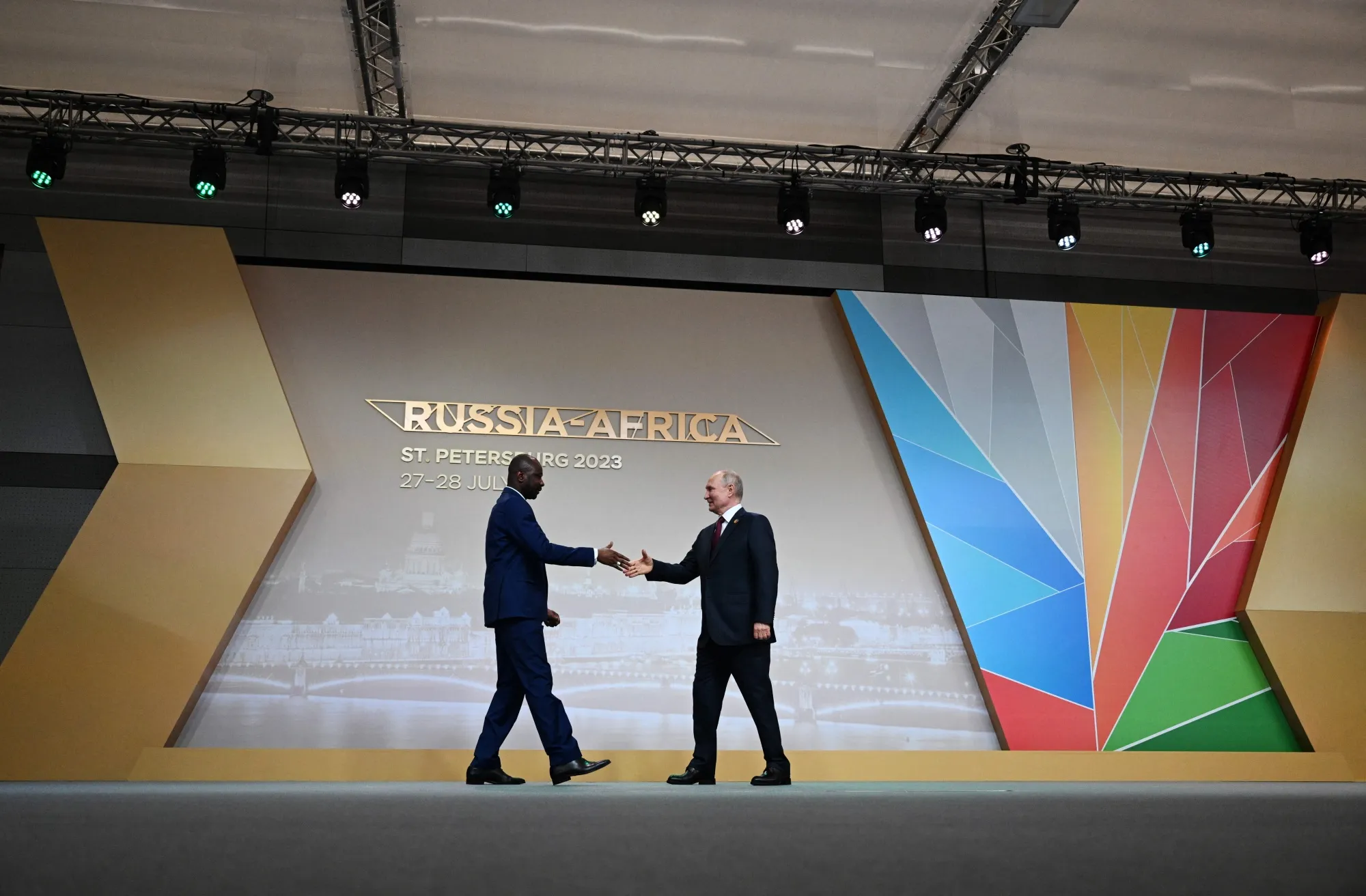 Russian President Vladimir Putin greeting the leader of Mali's junta, Assimi Goita,&nbsp;July 27, 2023.