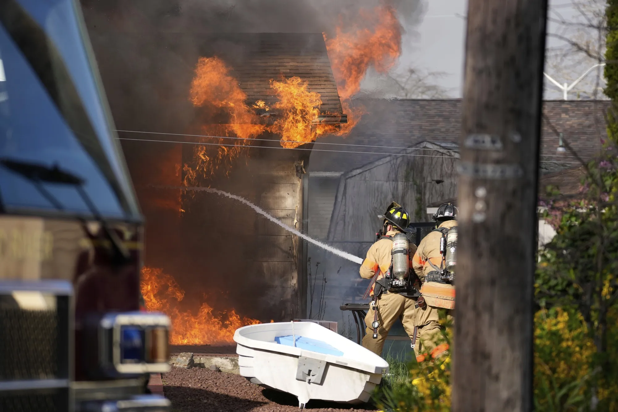 Firefighters battle part of a wildfire in Lacey Township, New Jersey, on April 23.&nbsp;