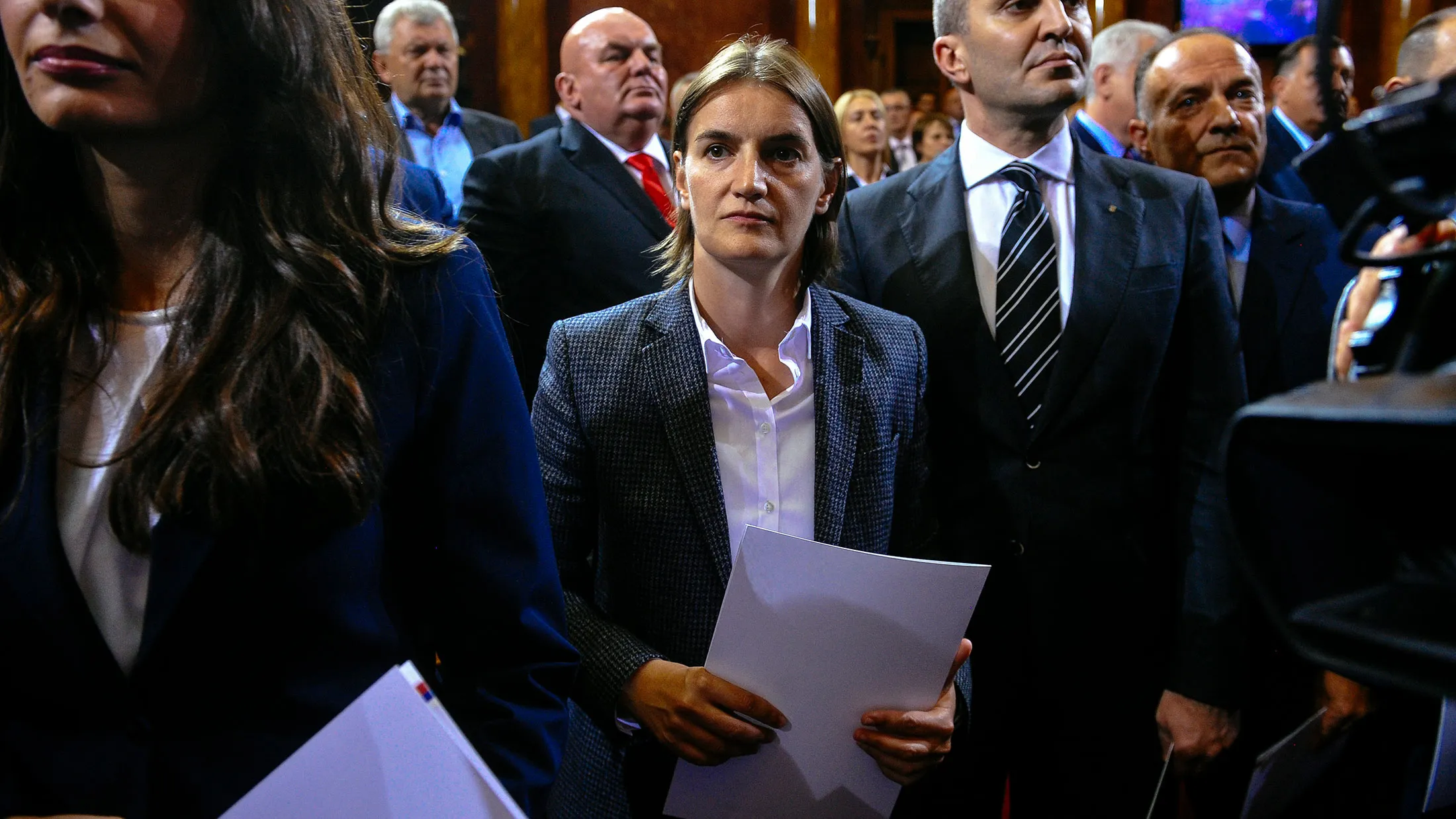 Ana Brnabic (center) attends a swearing-in ceremony at the Serbian Parliament in Belgrade on Aug. 11, 2016.

