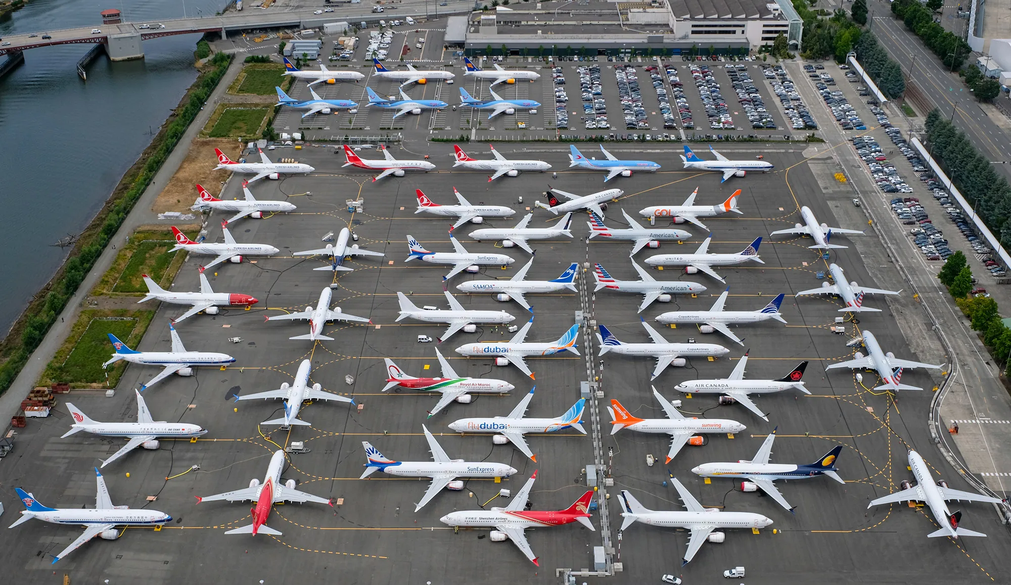 Boeing 737 MAX airplanes&nbsp;stored on employee parking lots near Boeing Field,&nbsp;Seattle, Washington.