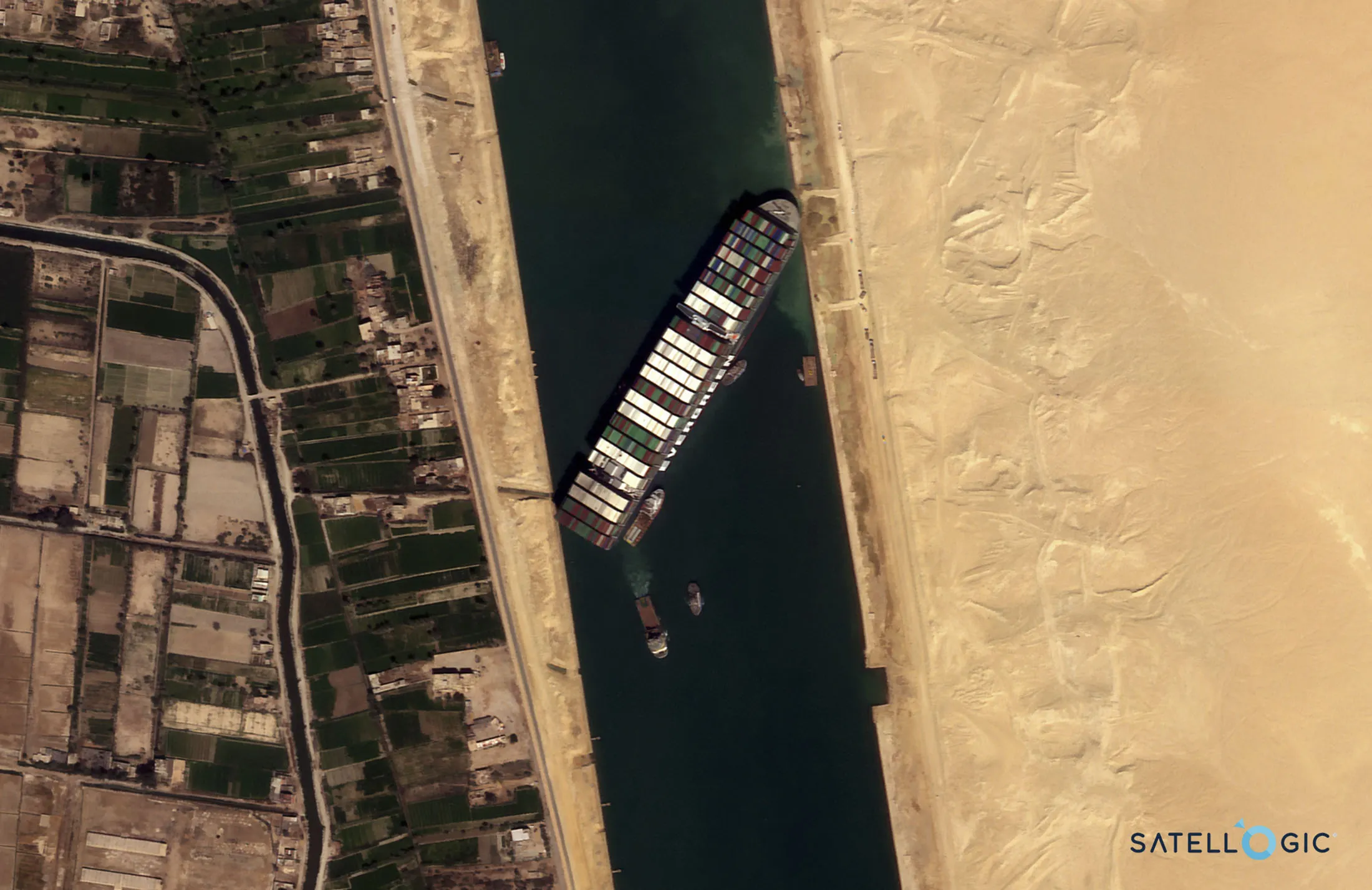 A satellite image of the Ever Given container ship blocking the Suez Canal in Egypt in March&nbsp;2021.