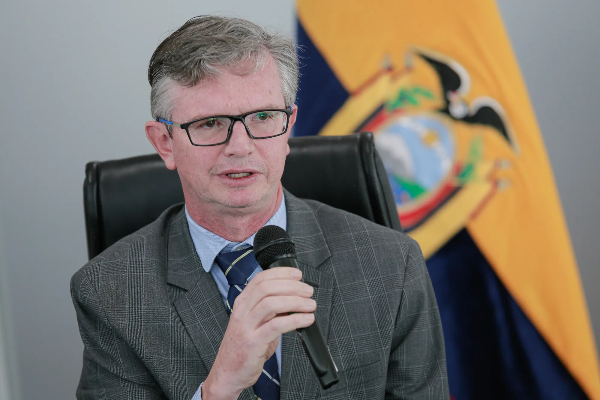 Juan Carlos Vega, Ecuador’s finance minister, speaks during a press conference at the Finance Ministry headquarters in Quito, Ecuador, on Monday, Dec. 18, 2023. Vega said that Ecuador’s new government is committed to repaying the country’s foreign and domestic debt.
