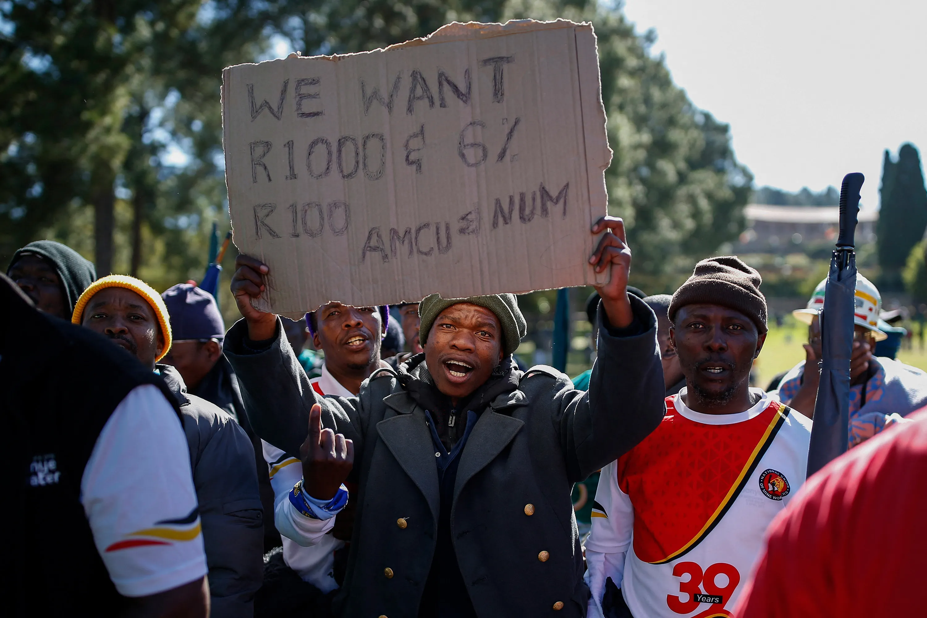 Striking mineworkers protest in Pretoria South Africa, on May 23.