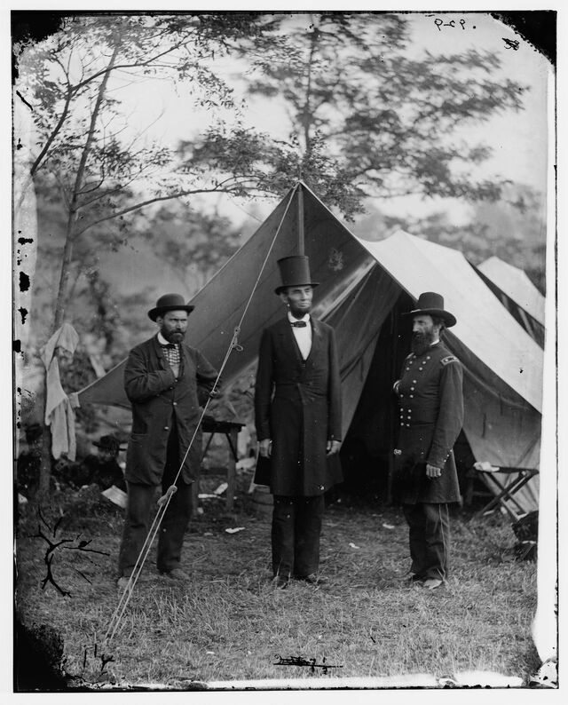 Abraham Lincoln (center) at the Civil War-era Battle of Antietam, September-October 1862.