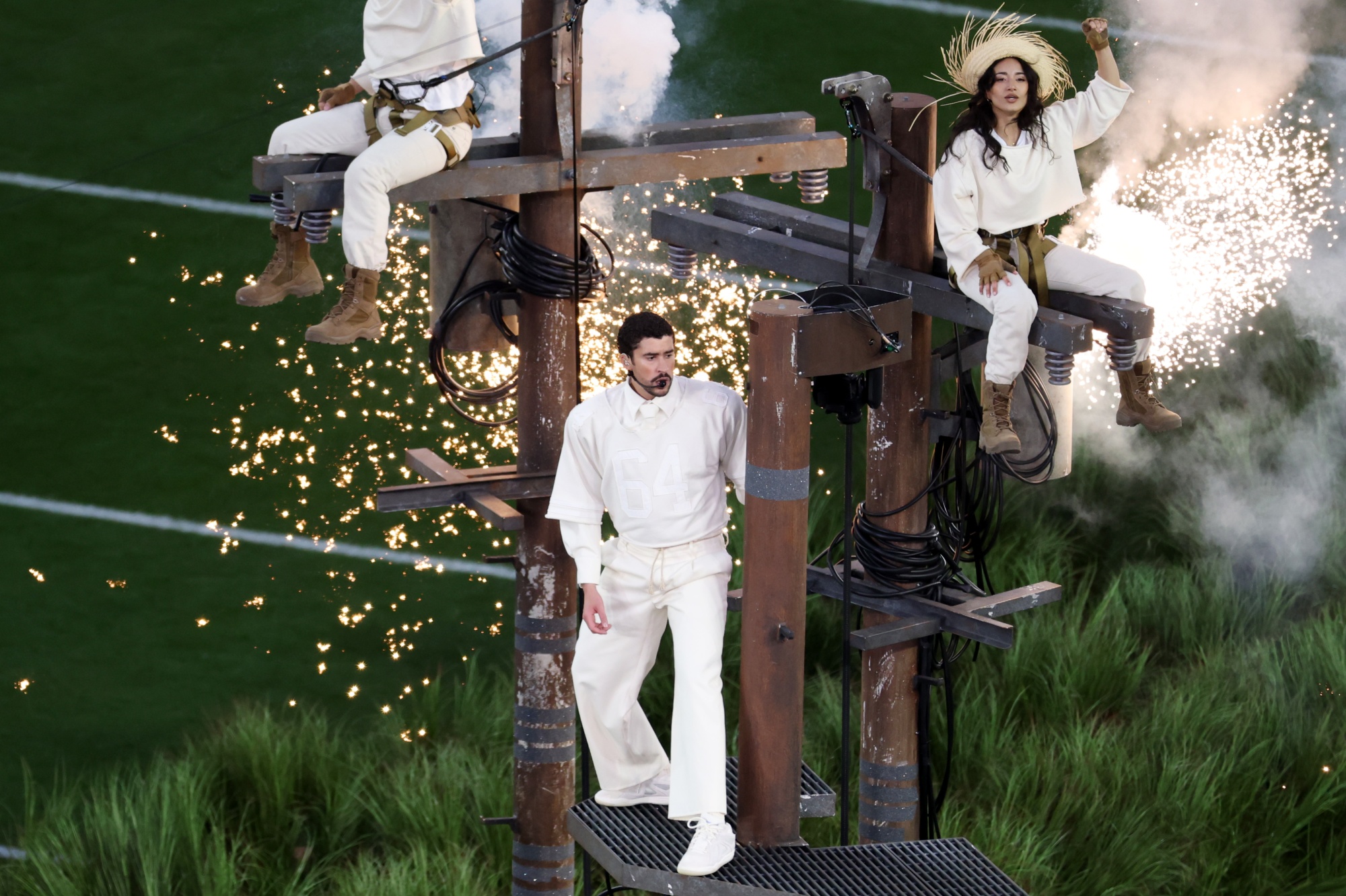 Bad Bunny performs onstage during the Apple Music Super Bowl LX Halftime Show at Levi's Stadium in Santa Clara, California on Feb. 8. Photographer: Ishika Samant/Getty Images