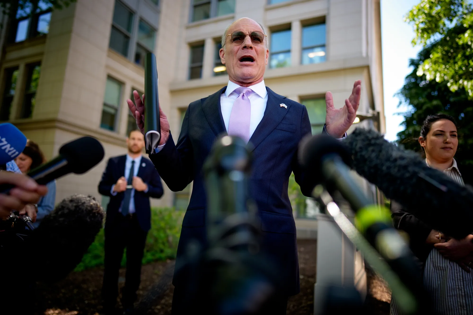 Israeli Ambassador&nbsp;Yechiel Leiter speaks to members of the media outside the State Department following talks with Secretary of State Marco Rubio and Lebanese Ambassador Nada Hamadeh in Washington on April 14.