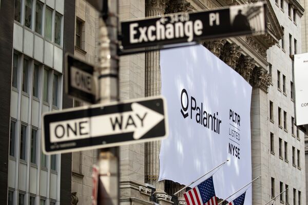 A Palantir banner during the company's IPO at the New York Stock Exchange in 2020.