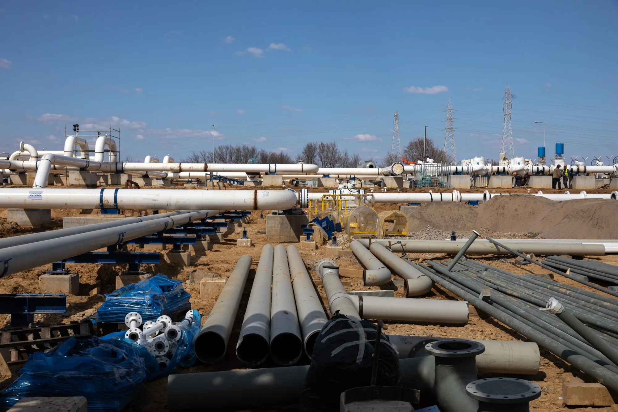 Pipework at the construction site of the Gas Interconnector Greece-Bulgaria (IGB) natural gas pipeline in Komotini, Greece.