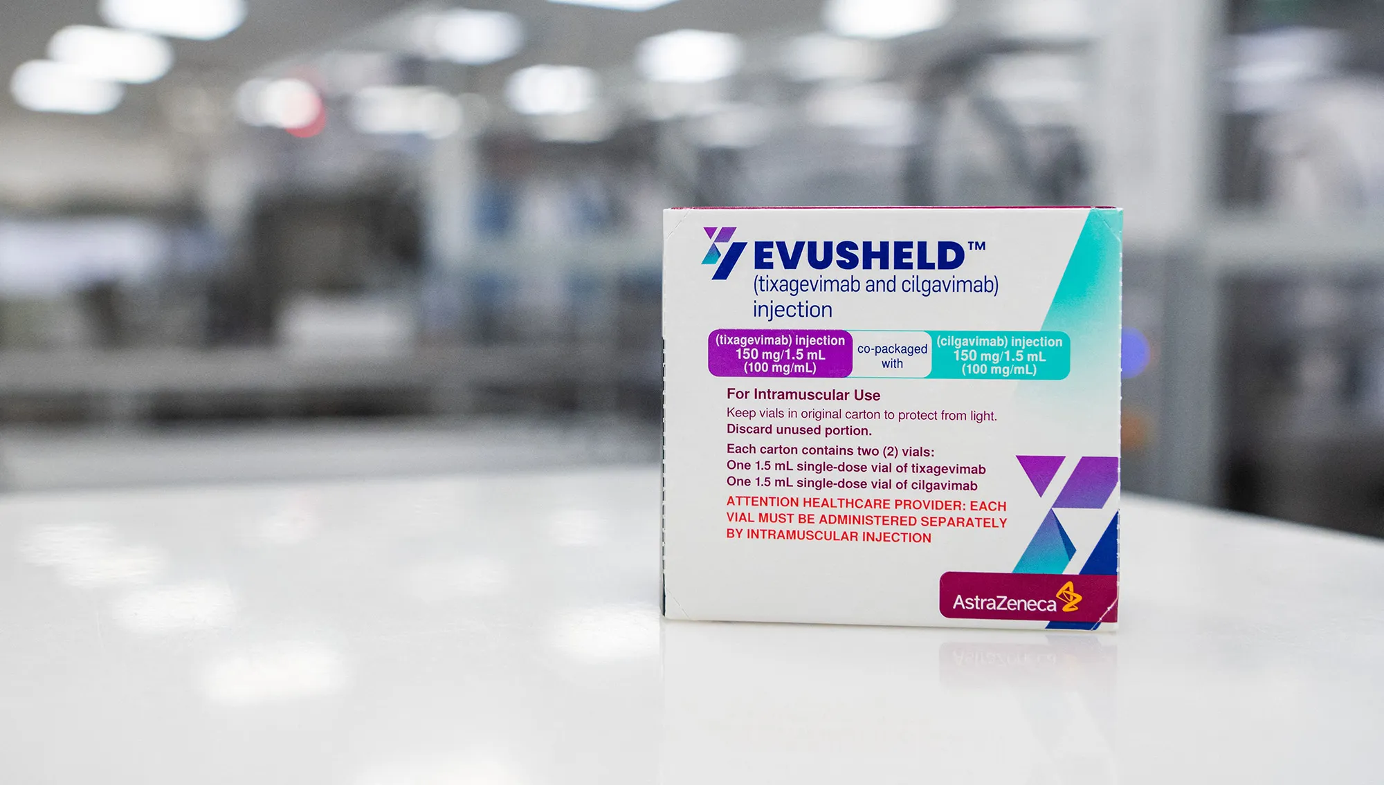 A box of Evusheld at the AstraZeneca facility for biological medicines in Södertälje, Sweden.