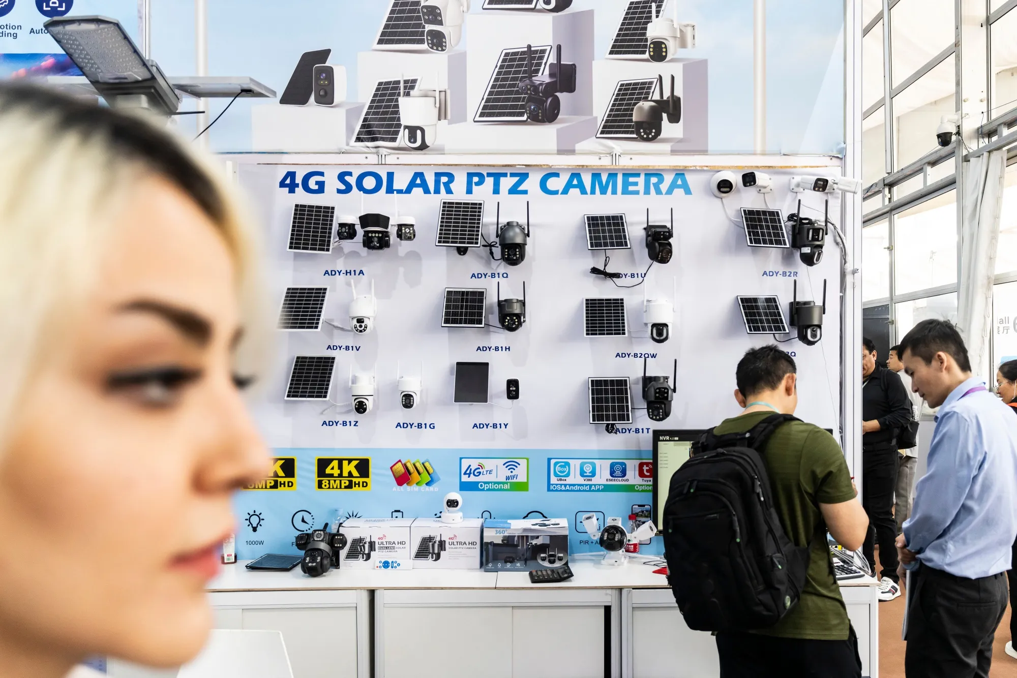 Solar powered surveillance cameras on display at the Canton Fair in Guangzhou, China.