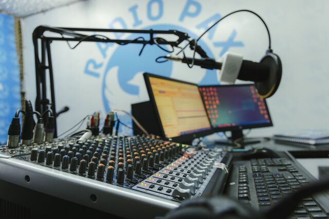 The sound mixer and microphone at Radio Pax.