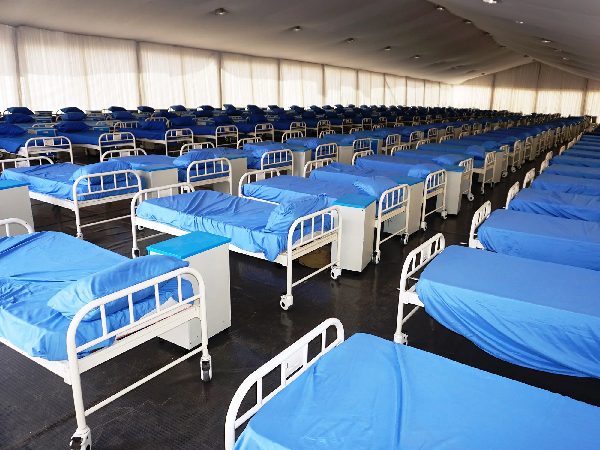 Beds at a Covid-19 coronavirus isolation center being built with donations from Dangote at the Sani Abacha stadium in Kano, on April 7.