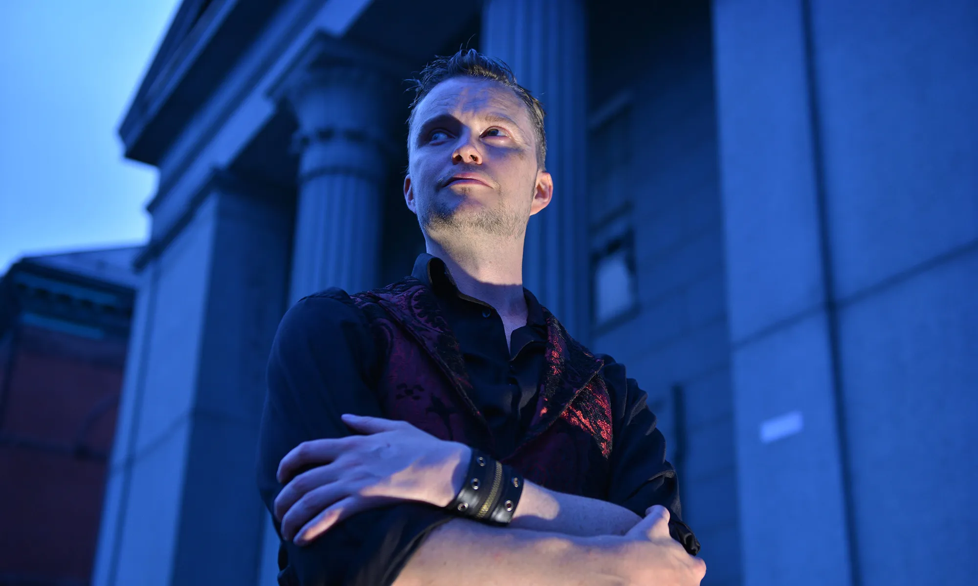 Lucien Greaves stands outside the Salem courthouse.